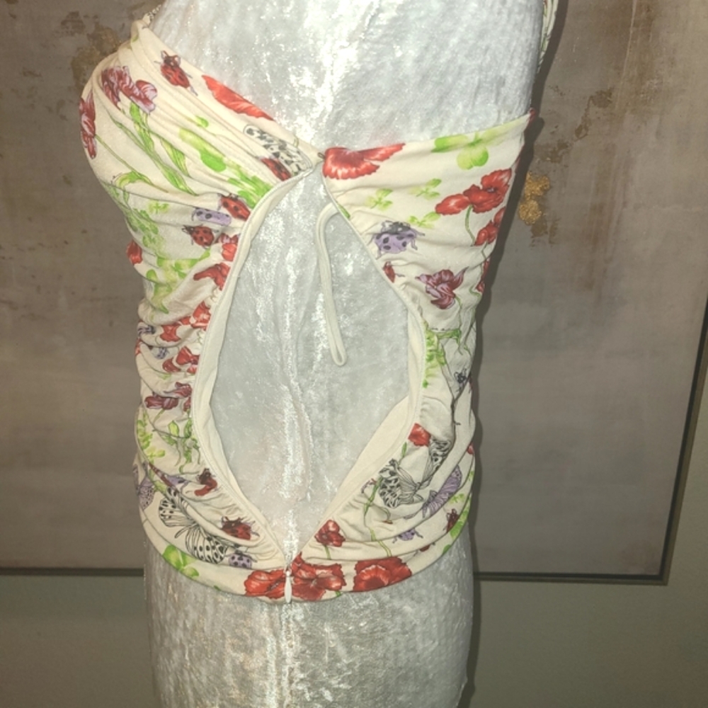 Vintage Versace White and Red Floral Ruched Fitted Tank Top - Picture 7 of 9